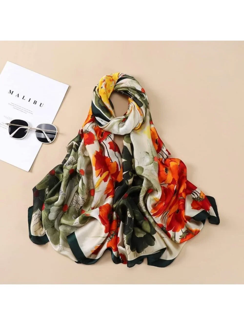 Women's White Orange Light Silk Like Scarves Flower Print Head Cotton Wrap Scarf